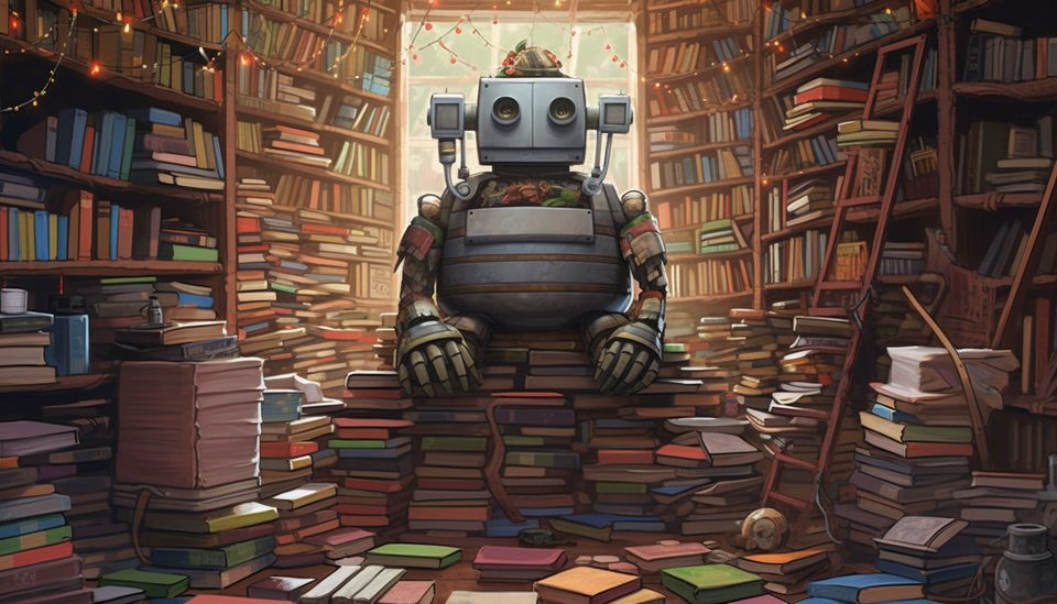 A friendly robot surrounded by stacks of books