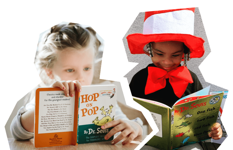 Two kids immersed in childrens books by Dr. Seuss
